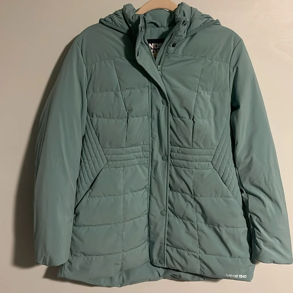 Lands’ End Down Filled Green Puffer Jacket Women’s Medium Petite (10/12) Hood - Picture 3 of 11